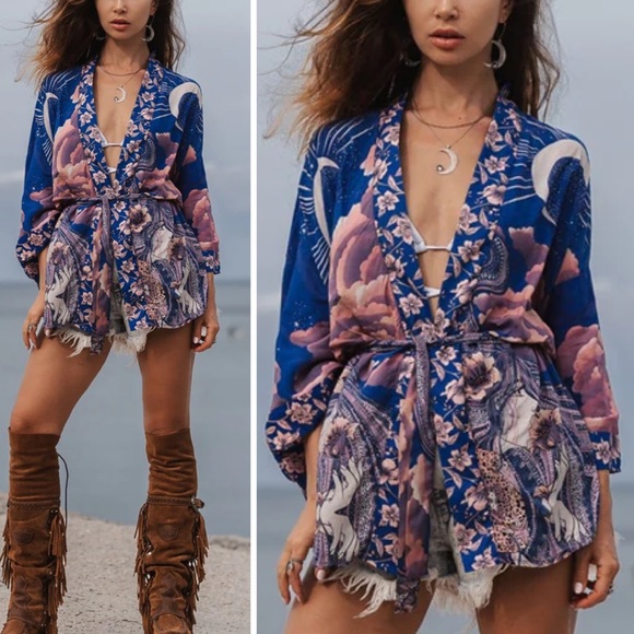 New Bohemian Moon & Stars Mixed Floral Print Kimono Cardigan Jacket Robe - Picture 4 of 17